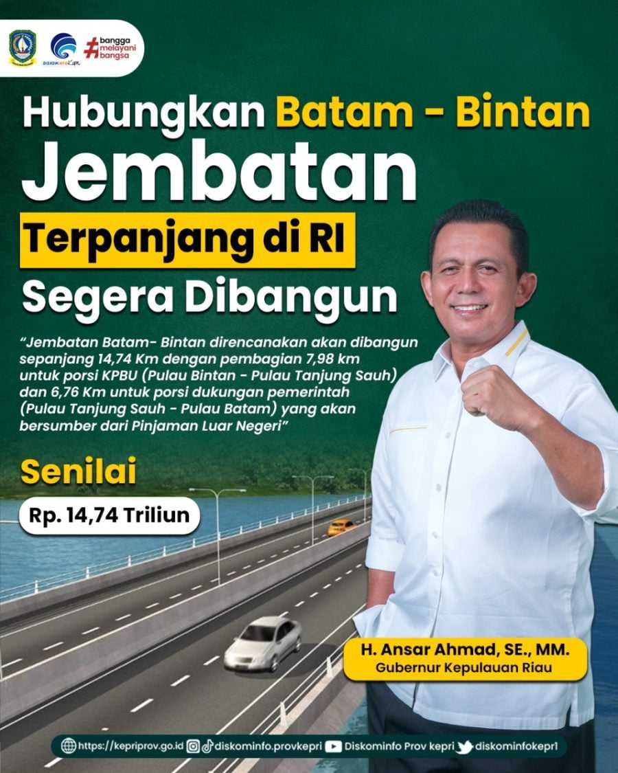 Pembangunan Jembatan Batam-Bintan sebagai jembatan terpanjang di Indonesia sepanjang 14,74 kilometer segera diwujudkan. (Foto: diskominfo Kepri)