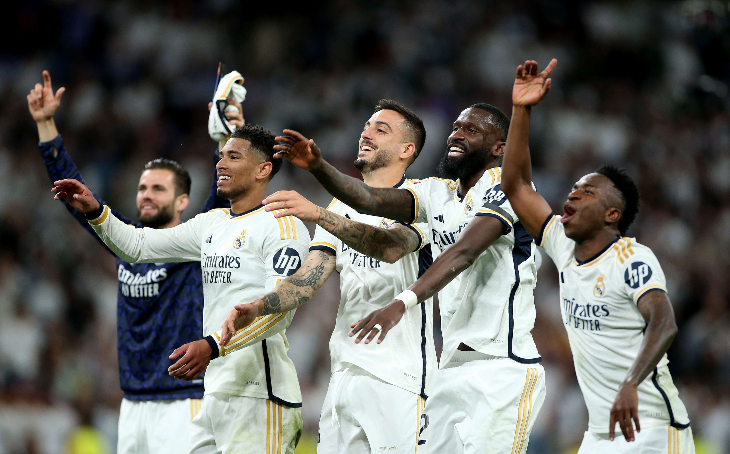 Pemain Real Madrid merayakan gol Joselu ke gawang Bayern Munchen pada laga Liga Champions 2023/2024 di Santiago Bernabeu, Kamis (21/4/2024) (Foto: realmadrid.com/ist)